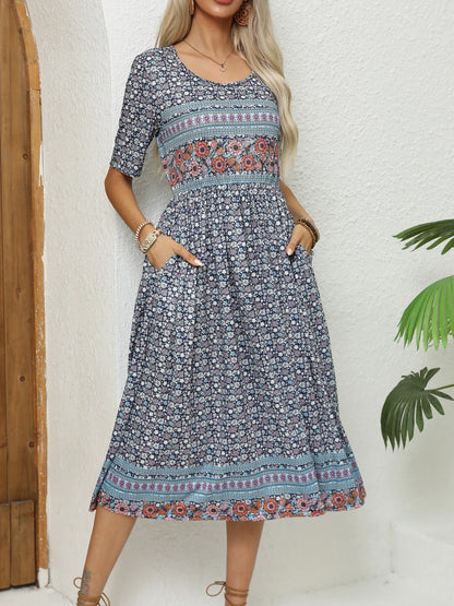 Bohemian To 3XL Print Midi Dress, Round neck, short sleeve, long skirt