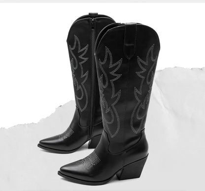 Embroidered Western Cowgirl Boots, Pointed Toe, Thick Heel,  Knee High Boots