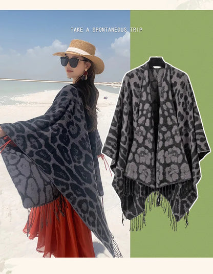 Vintage Boho Leopard Print Soft Over-the-Head Cloaks With Tassels
