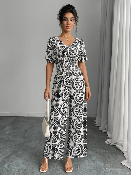 Bohemian jumpsuit short sleeves, Plunging V Neck Back with tie, Long wide legs