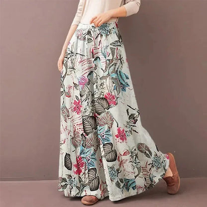Sizes to 3XL Boho Floral Print Wide Leg Pants Casual Loose Elastic Waist  and Drawstring