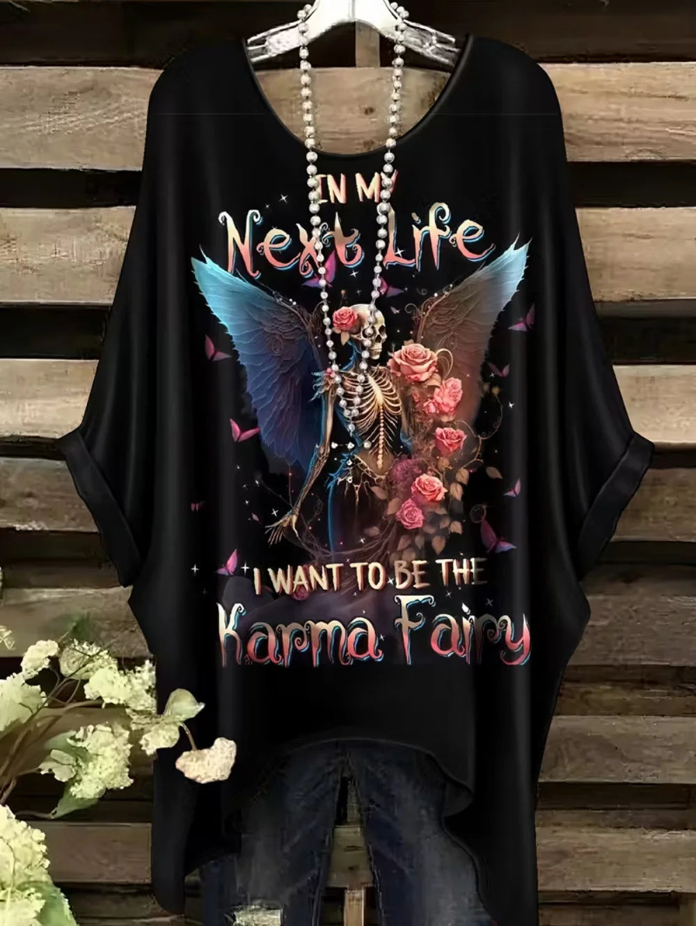 Sizes to 3XL Bohemian Skull Print Loose T-shirt Irregular Hemline O-Neck Short Sleeved Oversize Various designs