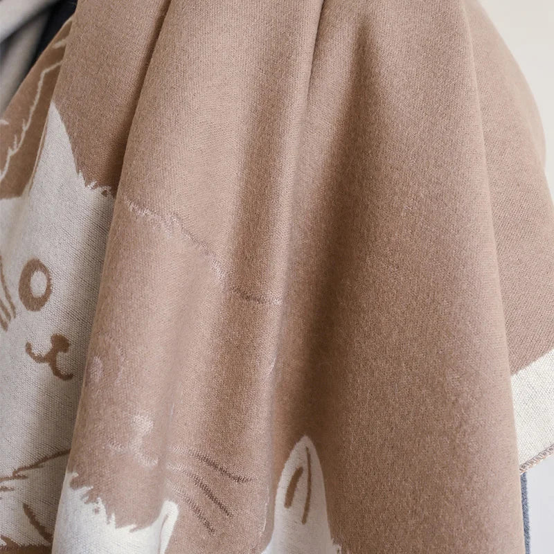 Cute Cat Ladies' Jacquard Pashmina Cashmere Scarf Thick Warm