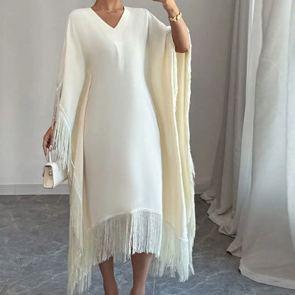 Boho Tassel Trim Maxi Dress, V Neck, Batwing Sleeves, Fringe Hem, Lightweight Flowy