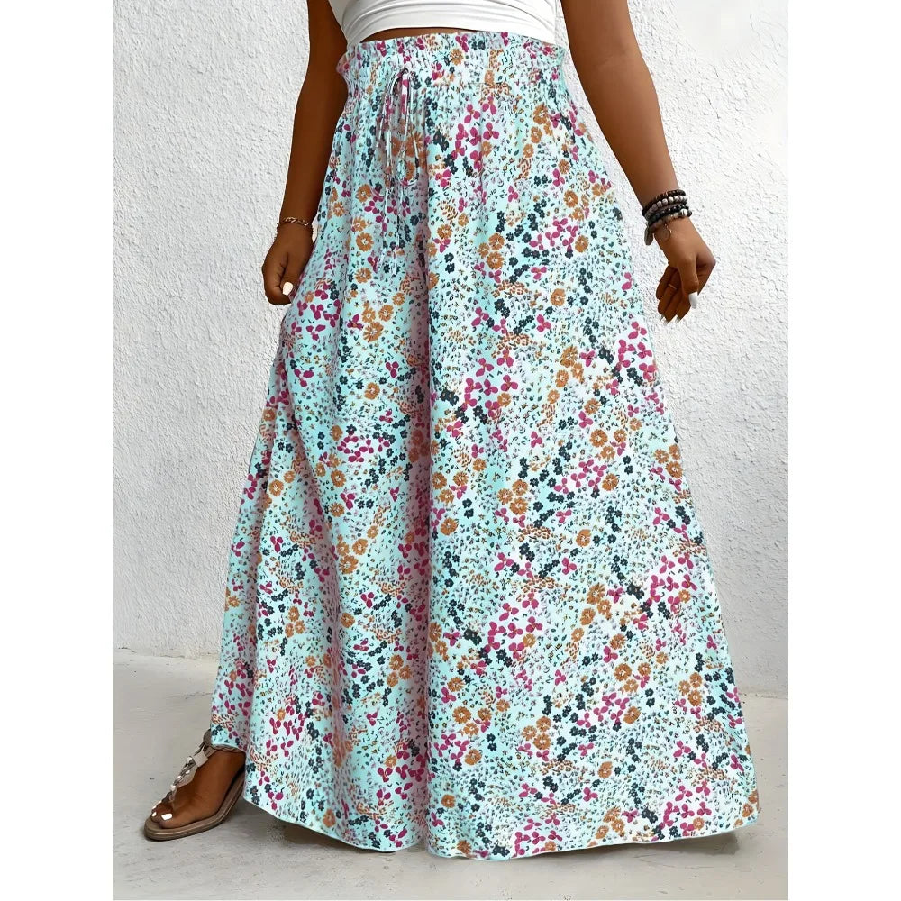 Plus Size 1XL-5XL  Boho Floral Print Wide Leg Pants, Elastic and Drawstring High Waisted Loose Long Trousers