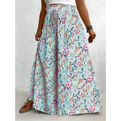 Plus Size 1XL-5XL  Boho Floral Print Wide Leg Pants, Elastic and Drawstring High Waisted Loose Long Trousers
