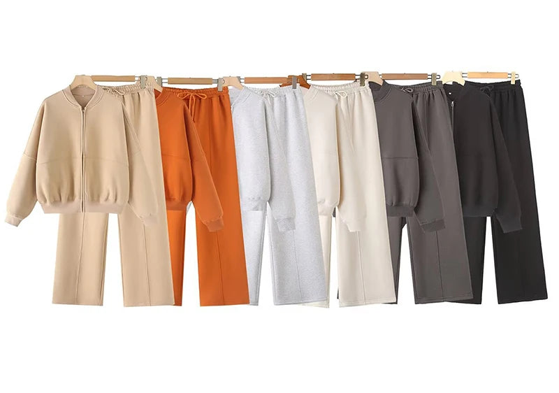 Warm 2 Piece Sweatsuits, Thick Fleece, Zipper Jacket, Batwing Sleeves, Clean Lines
