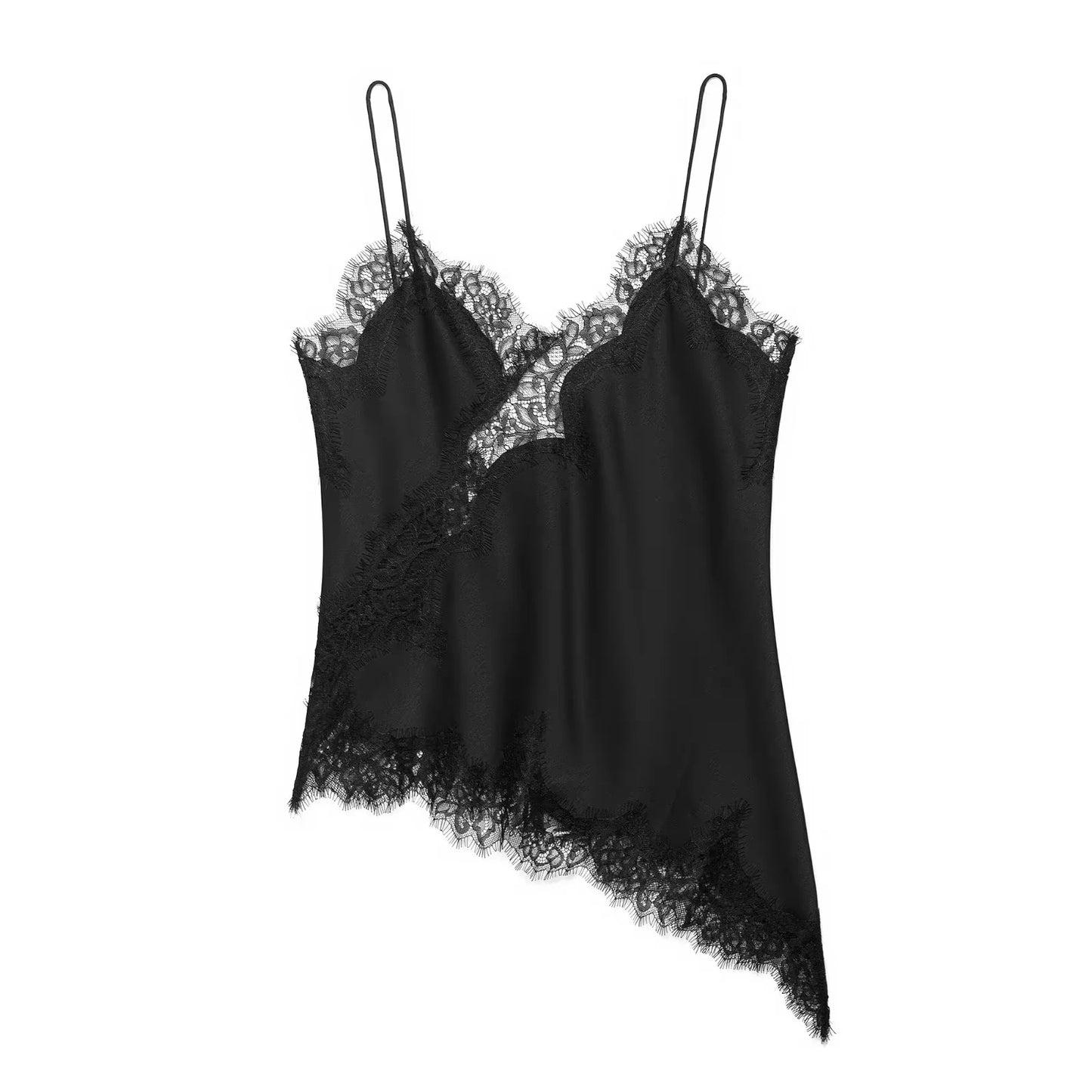 Polka Dot Sling Tops Asymmetric Hem Sleeveless V-Neck Lace Cami