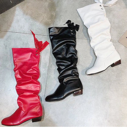Knee High Boots, in Red, Black, and White, Tall Boots with Low Heel