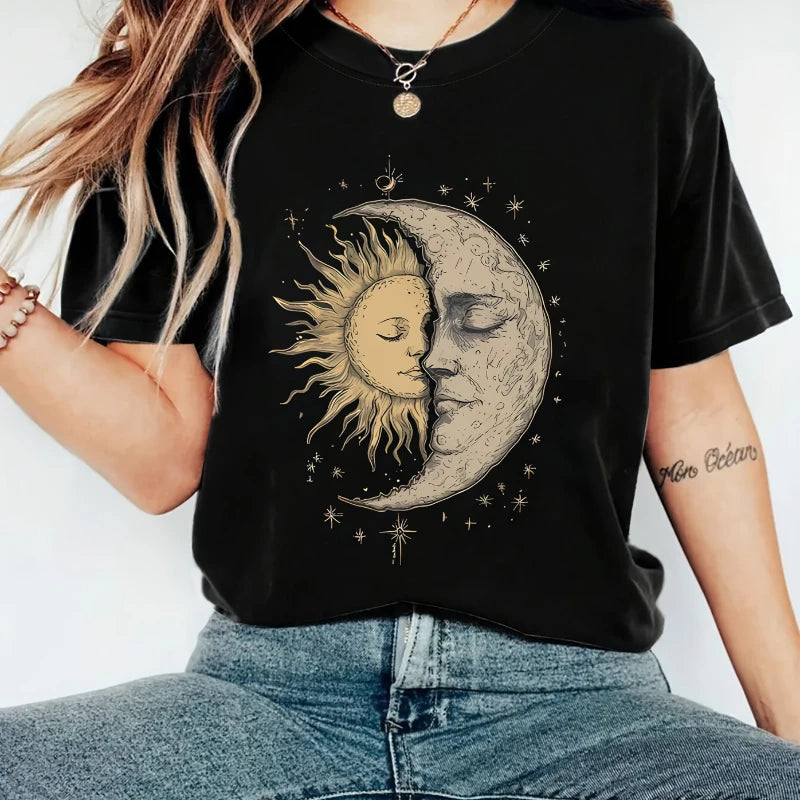 Bohemia T-shirt with Mysterious Moon and Sun Face Pattern Print, Retro Hippie