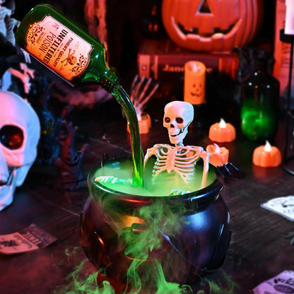 1 Set. Halloween Witch Cauldron with LED Light & Fog Mist Maker.  Skeleton in Cauldron for Spooky Hocus Pocus Decoration