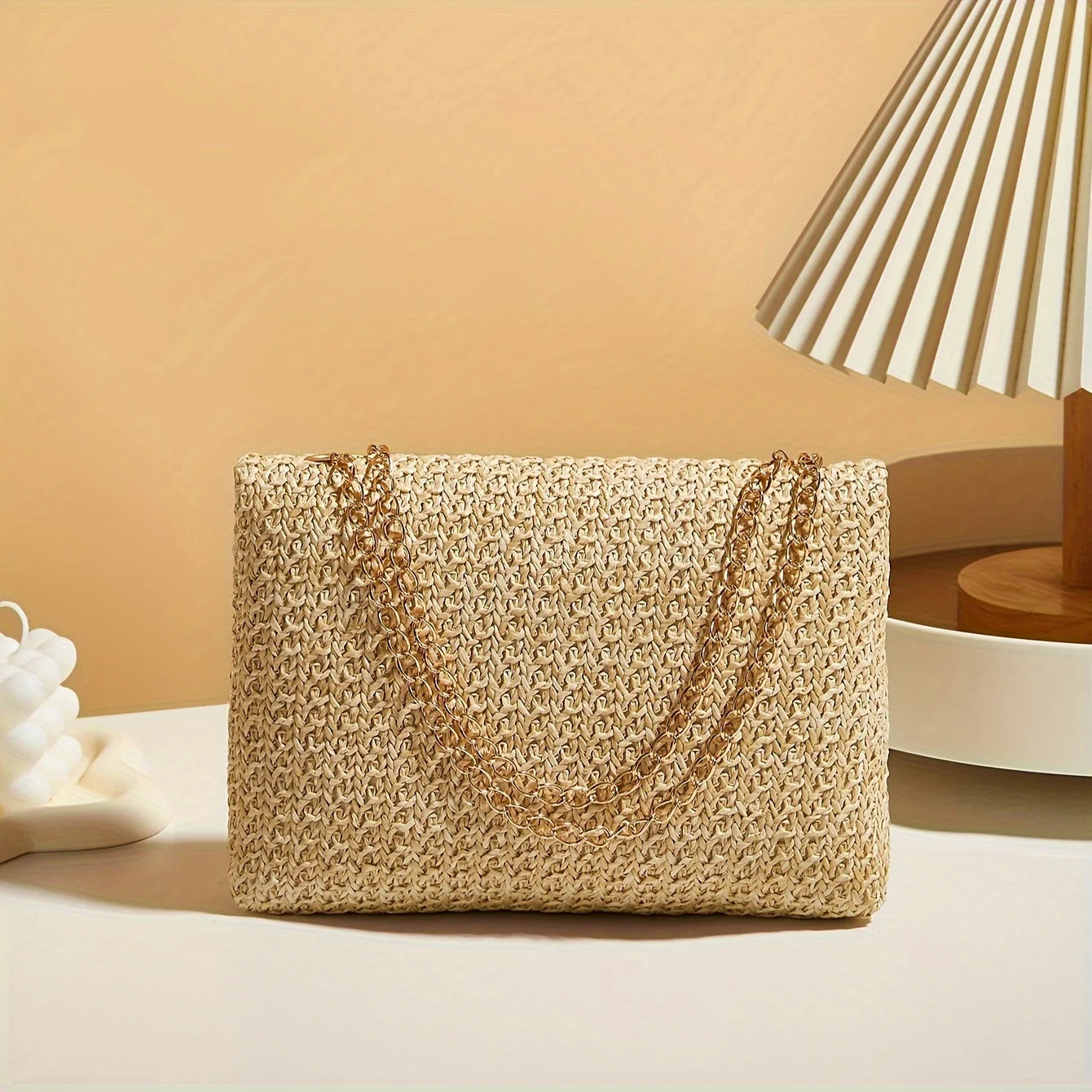 Handwoven Straw Shoulder Bag, Fashion Solid Color Crossbody Purse with Lock Closure