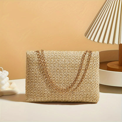 Handwoven Straw Shoulder Bag, Fashion Solid Color Crossbody Purse with Lock Closure