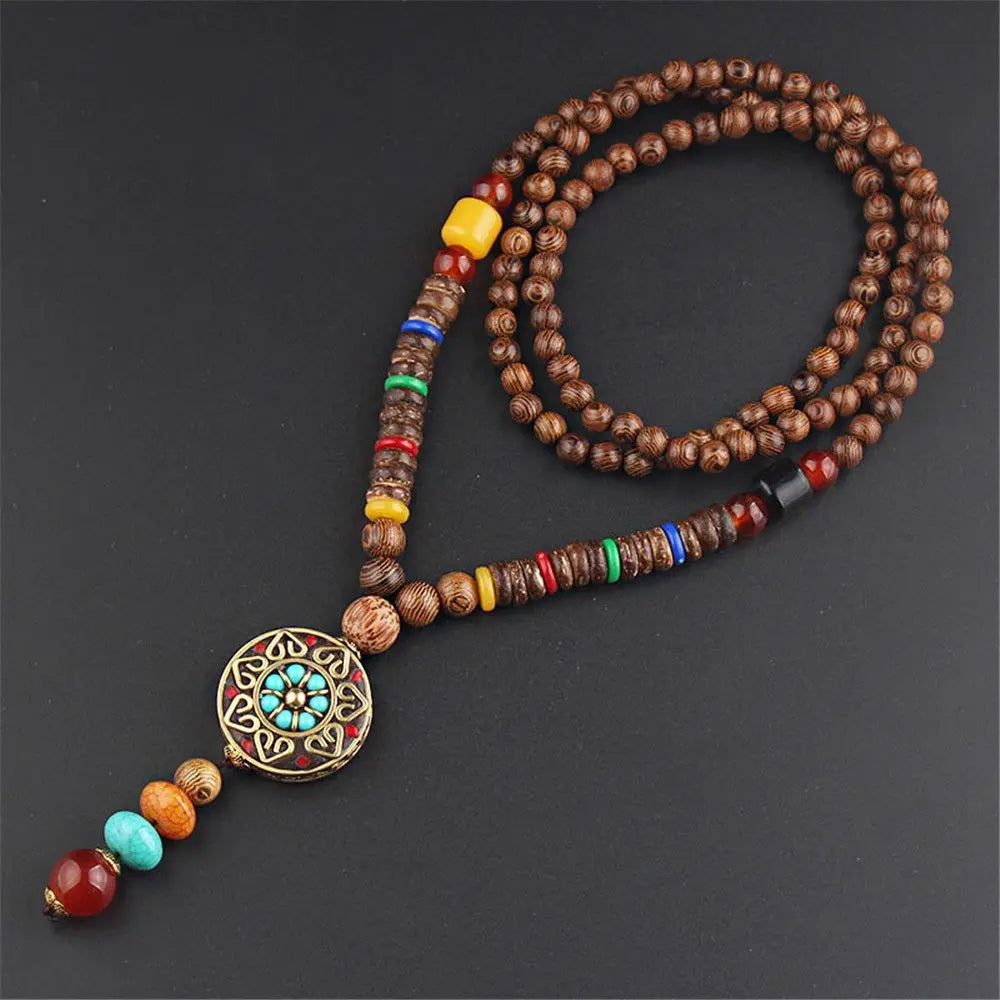Long Wooden Beaded Tassel Boho  Necklace Nepal Wood Beads