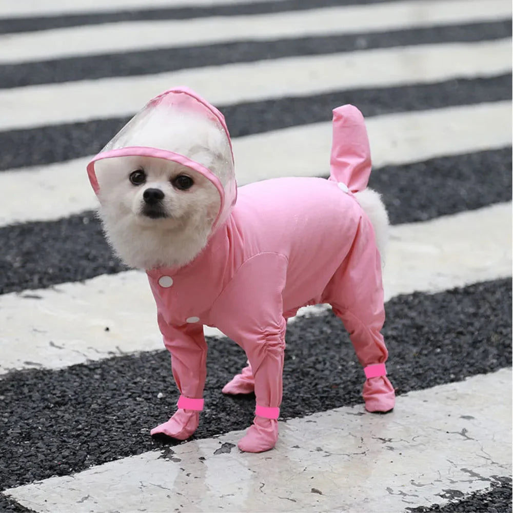 Waterproof Dog Coat with Rainproof Hood, Small Dog Raincoat with Rain Shoes, Overall Jumpsuit