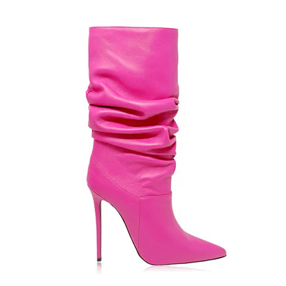 Women Beige Suede Slouch Pointed Toe Stiletto Ankle Boots in Multi-colors: Red, Hot Pink, Grey, Black, Green, Brown, and Purple