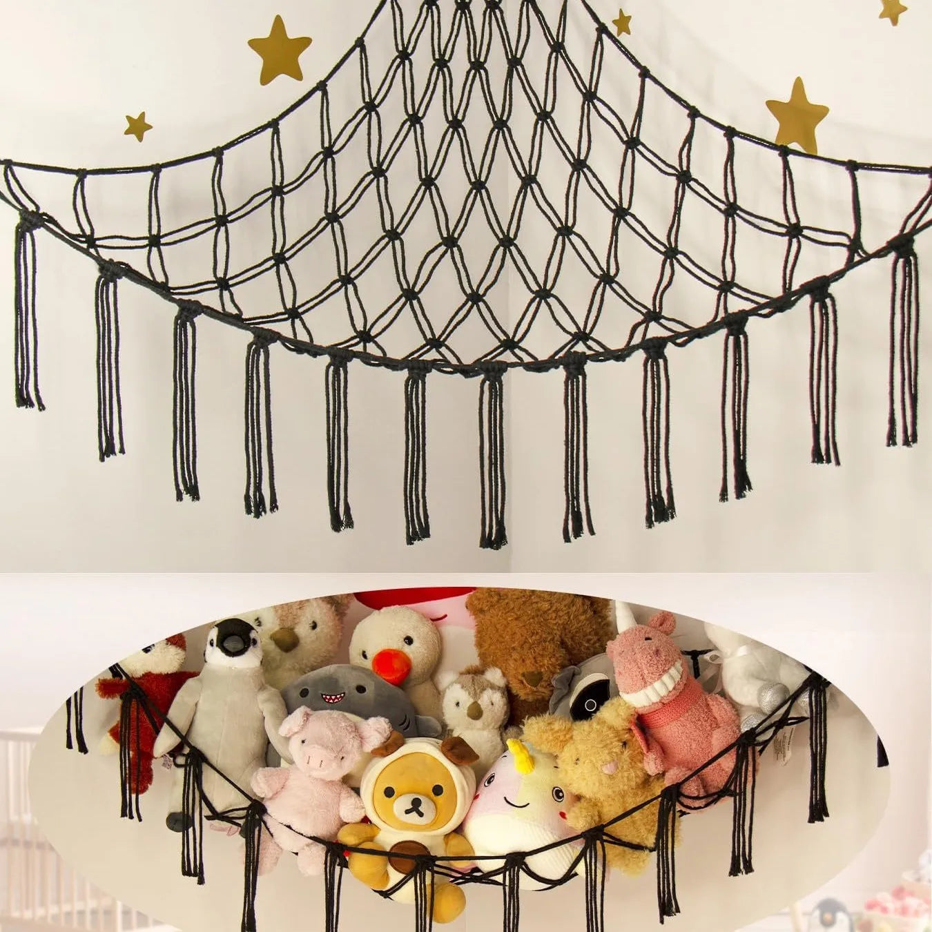 9 different colors of this Boho Macrame Stuffed Animal Hammock Cotton Tassel Toy Storage Net, Hanging Organizer