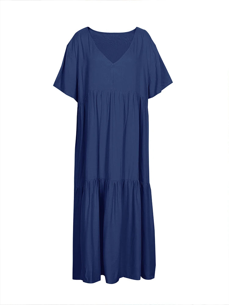 Sizes to 5XL, Loose Casual Midi Dress, V-neck, Short Loose Sleeves