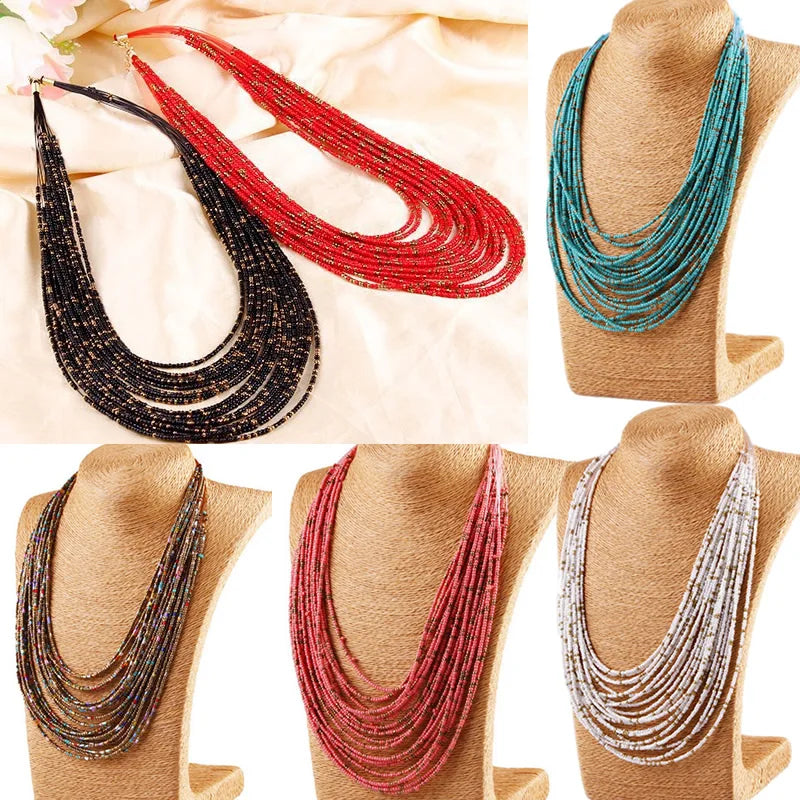 Boho African Acrylic Beaded Necklace Multi-layered
