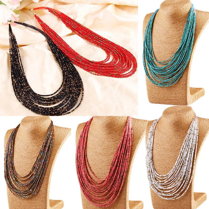 Boho African Acrylic Beaded Necklace Multi-layered