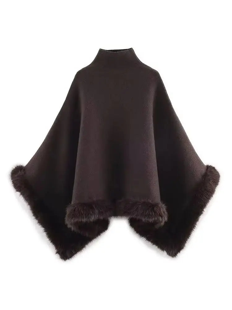 Chic Faux Fur Edged Cape High Collar Casual Loose Knitted