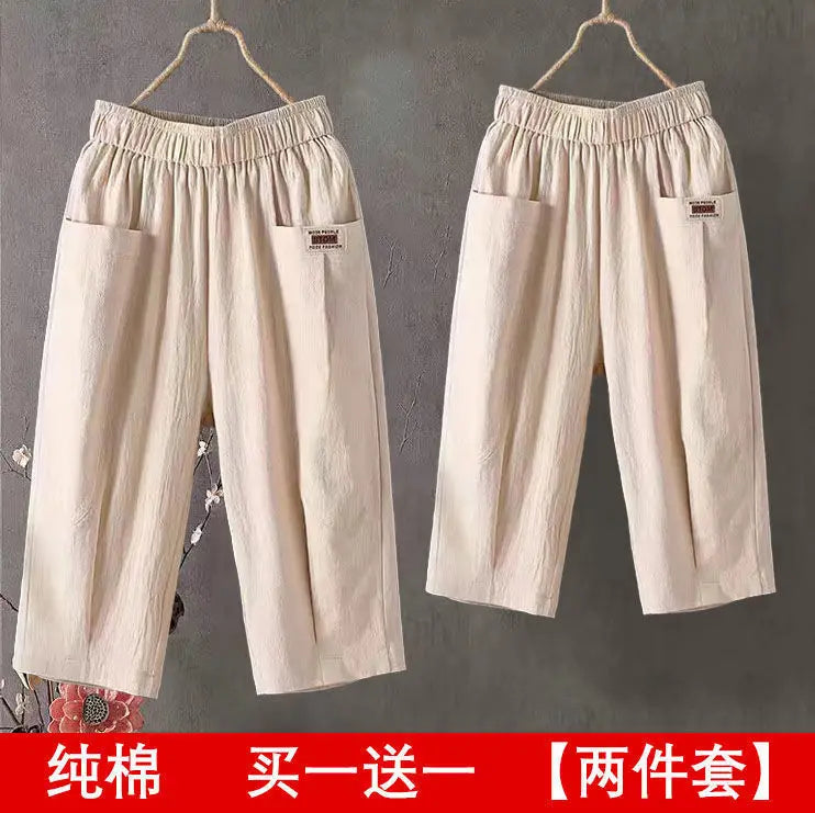 Cotton Linen Cropped 3/4 Length Pants, Loose, Linen with Elastic Waist and Pockets