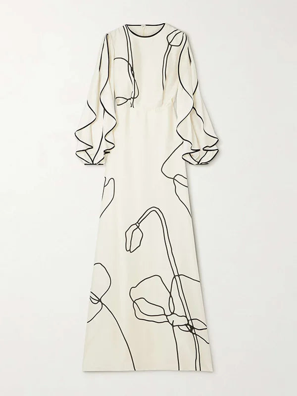 Boho Floor Length Evening Dress, Round Neck, Open Ruffled Sleeves trimmed in Black, Dress has an artistic Black on White Floral Design