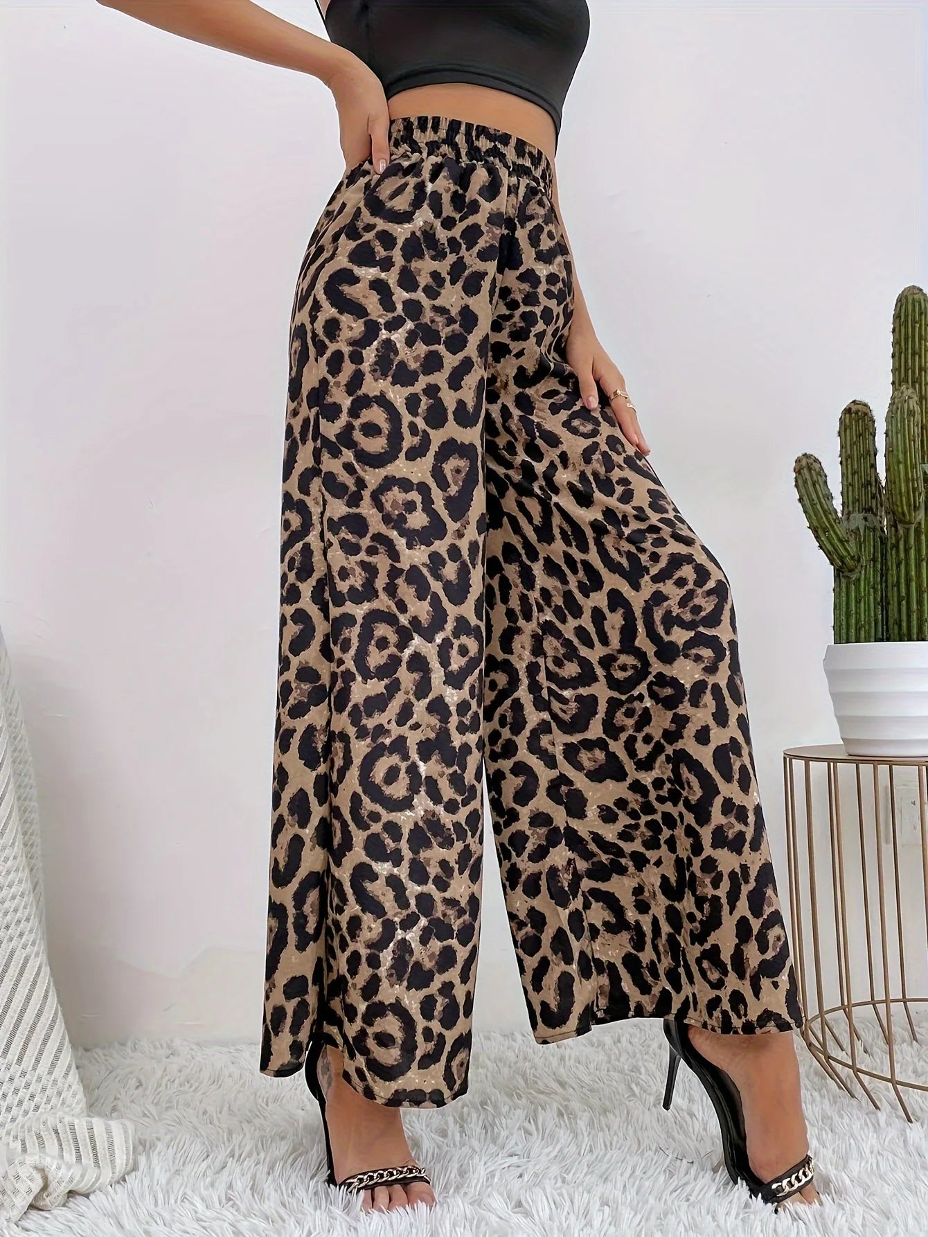 Leopard Print, Casual Straight, Wide Leg Pants, Elastic Waistband