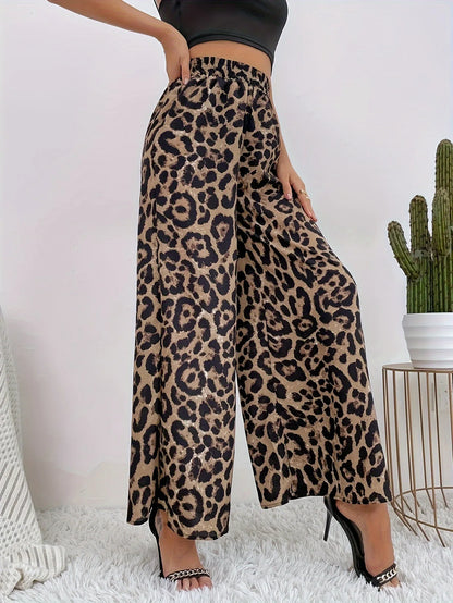 Leopard Print, Casual Straight, Wide Leg Pants, Elastic Waistband