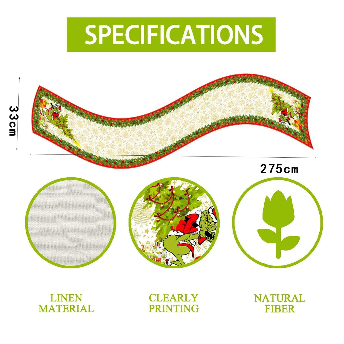 Grinch Green Polyester Christmas Table Runner