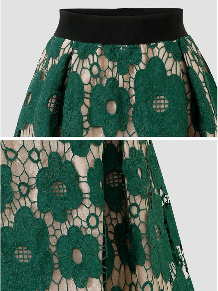 Sizes to 4XL, Lace Overlay, Vintage Mesh Plus Size Skirt with Elastic Waist A-Line Midi