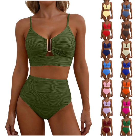 Sizes to XXL, 2 Piece Bikini,  Wire U Cutout in top,  High Waisted,  Variety of Colors
