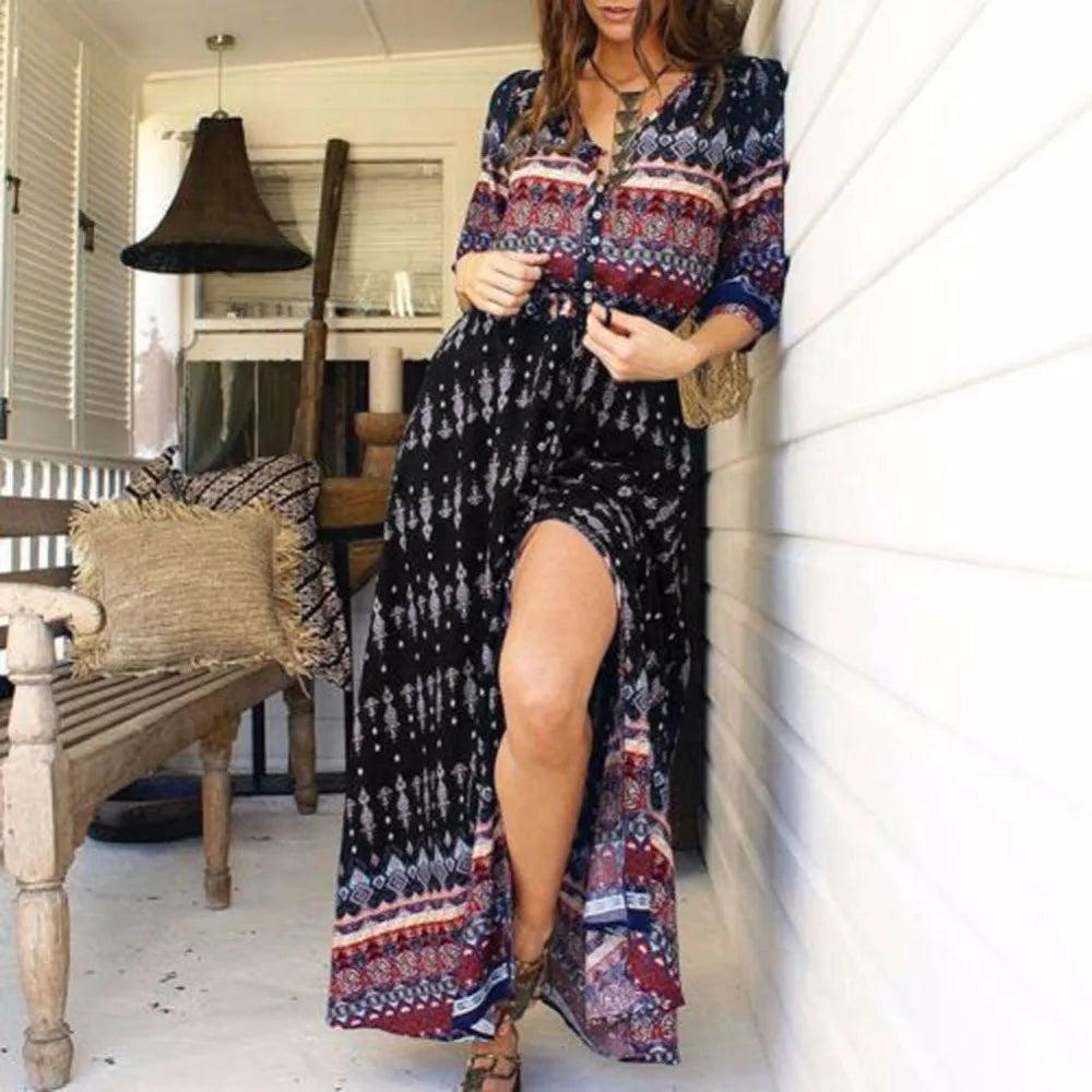 Long Maxi Dresses Bohemian Dress, 3/4 length sleeves, front slit,  Also in turquoise