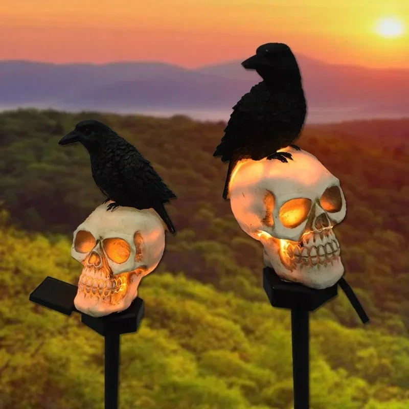Halloween Outdoor Skeleton Light with Crow Sitting on Top
