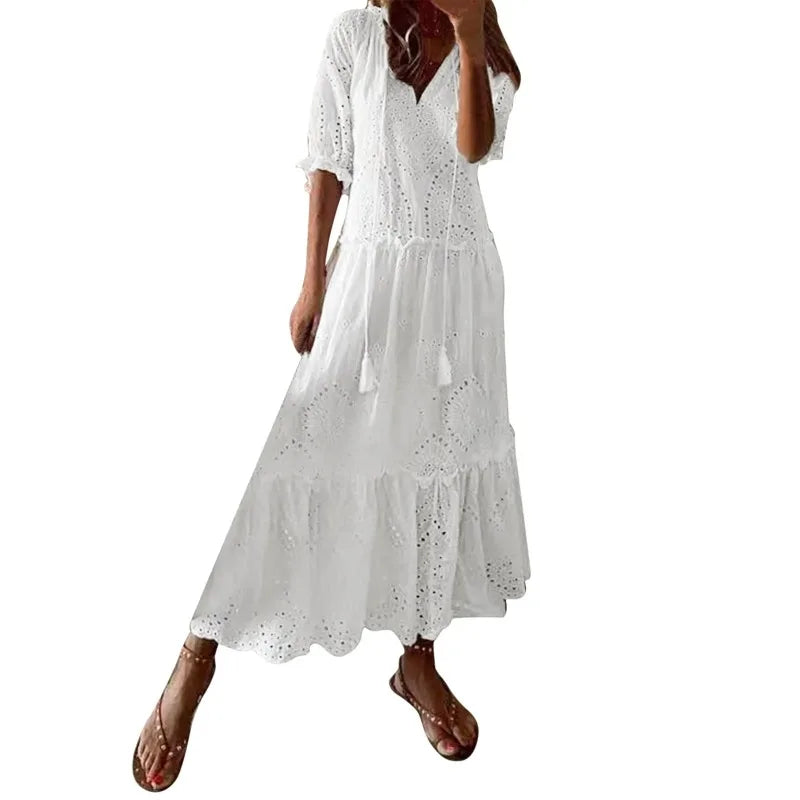 Sizes to 2XL, Bohemian, White Cotton Casual Dress, Loose, Tatting on Dress and Sleeves, V-Neck with Tie Cord