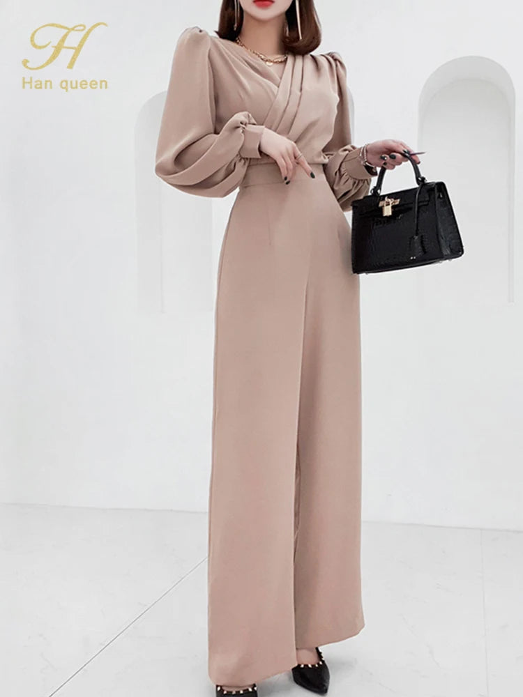 Elegant Business Jumpsuit Women Wide Leg Long pants Long Sleeves Casual High Waist