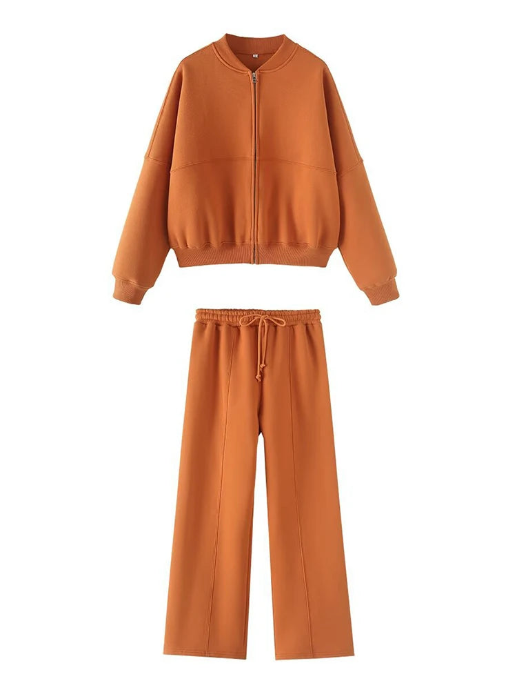 Warm 2 Piece Sweatsuits, Thick Fleece, Zipper Jacket, Batwing Sleeves, Clean Lines