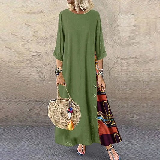 Vintage Boho Cotton Linen  Dresses in sizes to 3XL in 9 colors, Loose, Flowing, Casual, Brightly colored side insert, and Decorative buttons