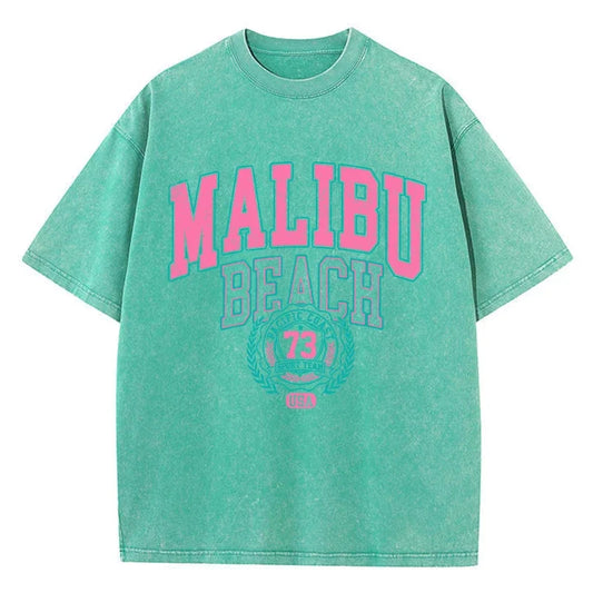 Malibu Beach Washed Cotton T Shirt Comfortable Crewneck Tops Casual Oversized Tees Sizes to 2XL and Available in 9 colors and Short Waist Cut