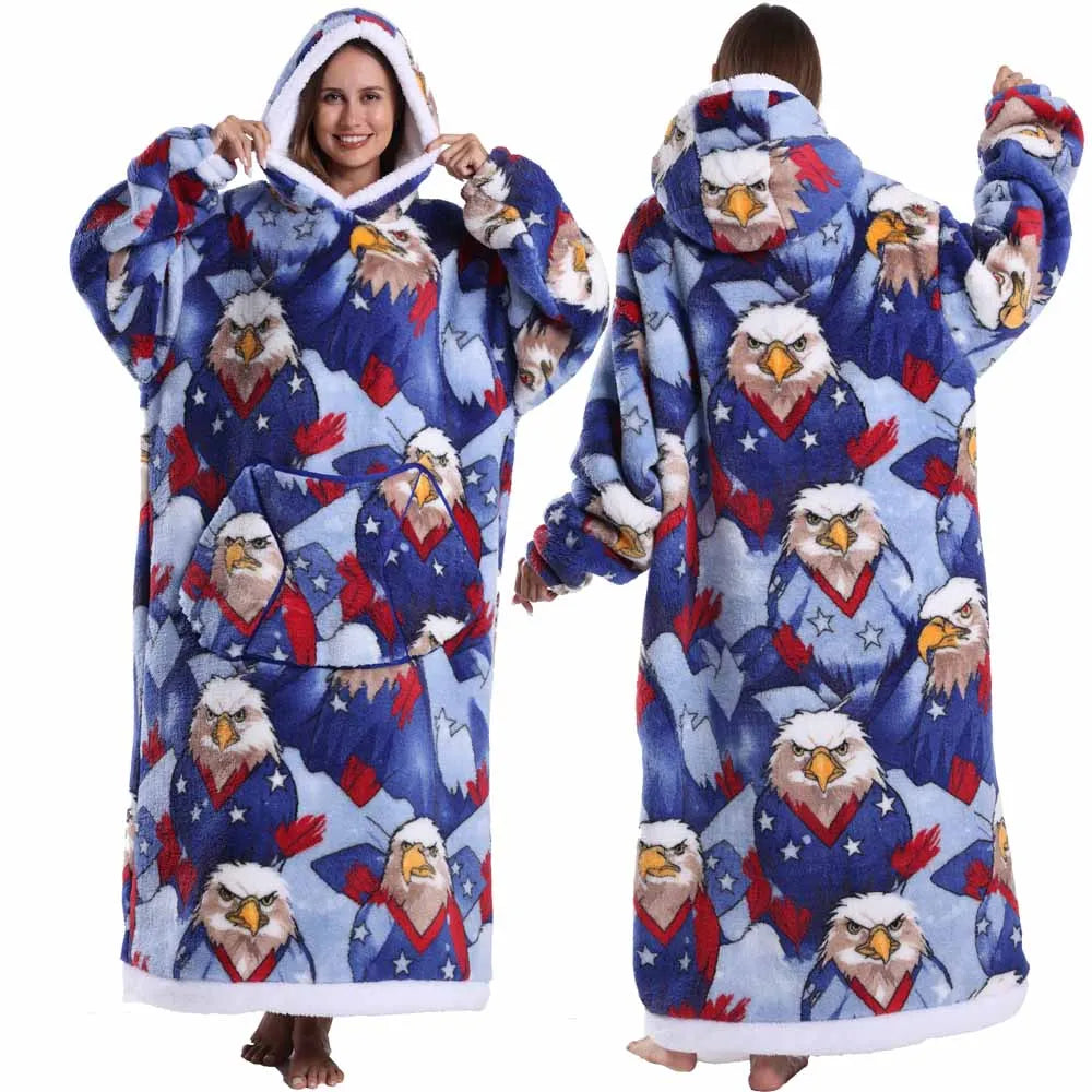 Super Long Flannel Pullover Night Shirt with Pocket and Hood, Super Snuggly for Men and Women, 12 Different Prints