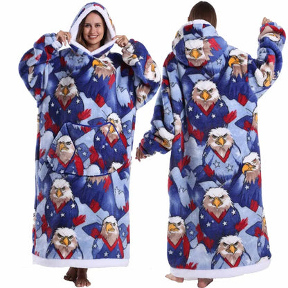 Super Long Flannel Pullover Night Shirt with Pocket and Hood, Super Snuggly for Men and Women, 12 Different Prints