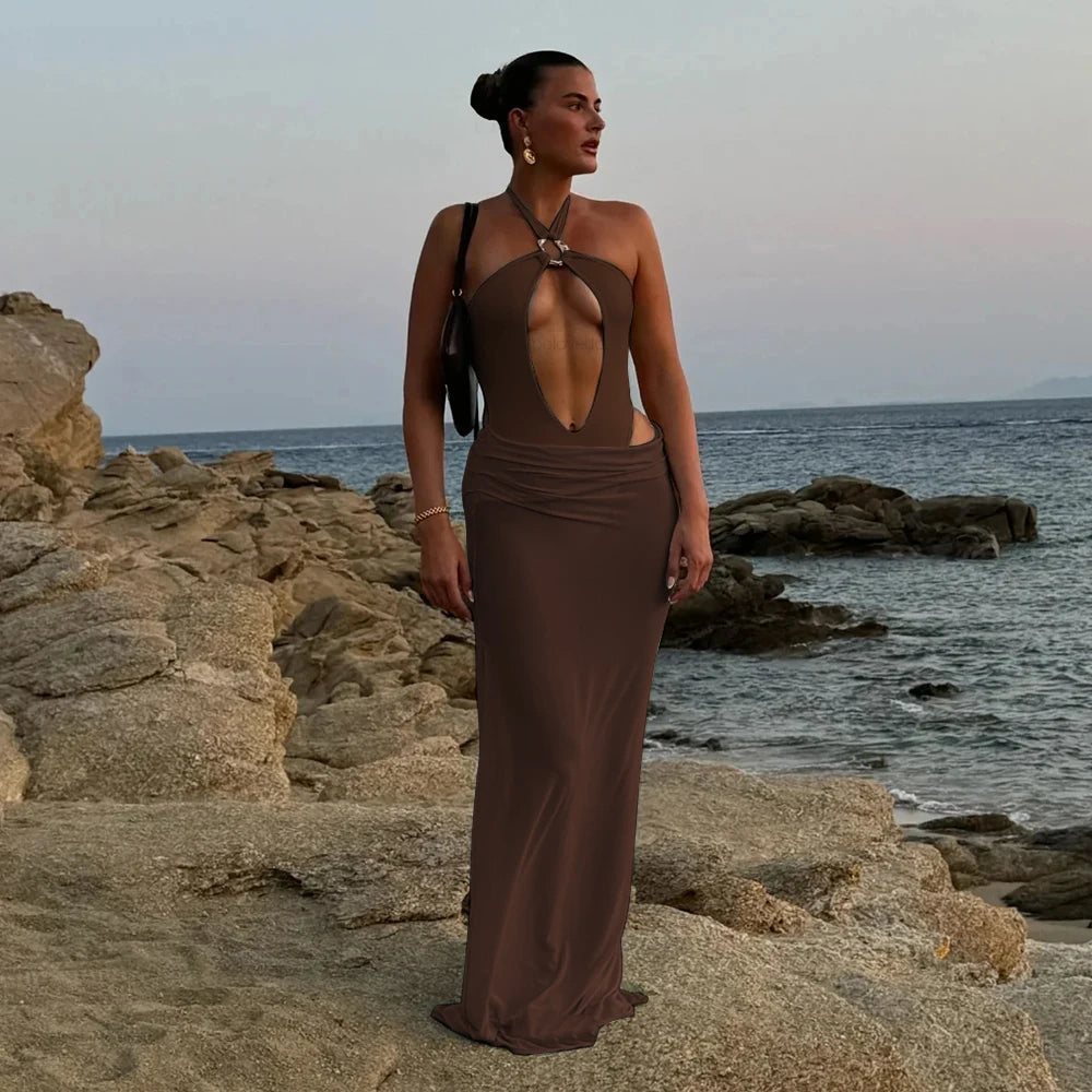 Two Pieces Hollowed Out Swimsuit With Long Skirt Cover Up