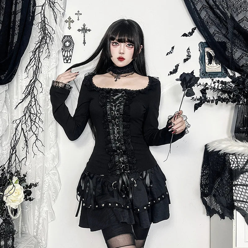 Goth Black Lace Trim Long Sleeve Vintage Sexy Lace-up Top with Choker Cross