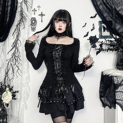 Goth Black Lace Trim Long Sleeve Vintage Sexy Lace-up Top with Choker Cross