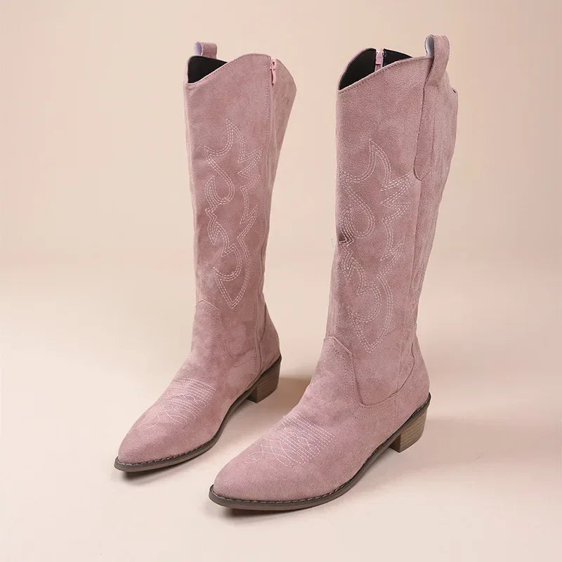 Embroidered Western Cowgirl Knee Boots with Pointed Toes and Thick Heels, High Knee Boots, PU Leather in Light and Medium Brown, Beige, and Pink