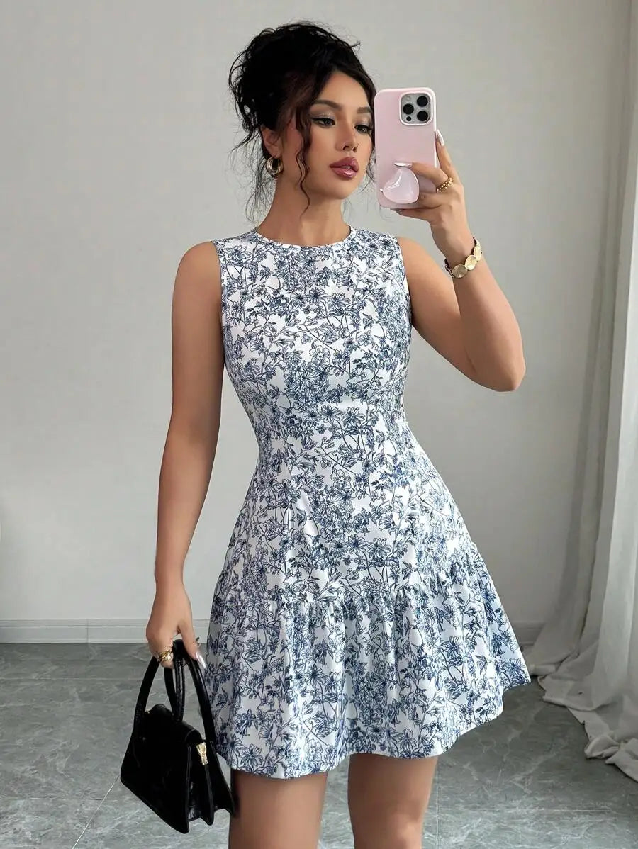 Boho And French-Style Blue And White Floral Dress, Sleeveless With A Round Neckline