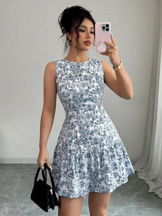 Boho And French-Style Blue And White Floral Dress, Sleeveless With A Round Neckline