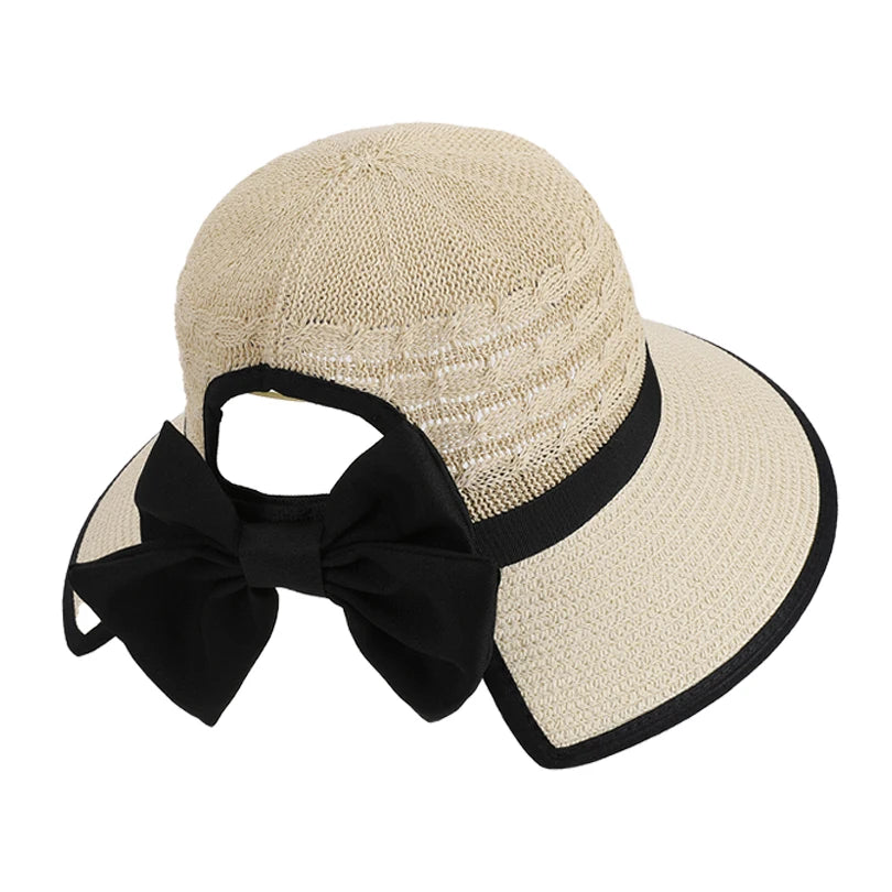 Bow-tied Straw Sun Hat with Ponytail Hole  in 3 Colors
