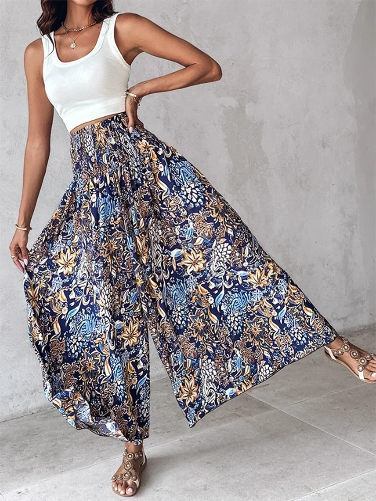 Women's,Cool Countryside Style Printed Wide Leg Pants Wide Elastic Band Waist