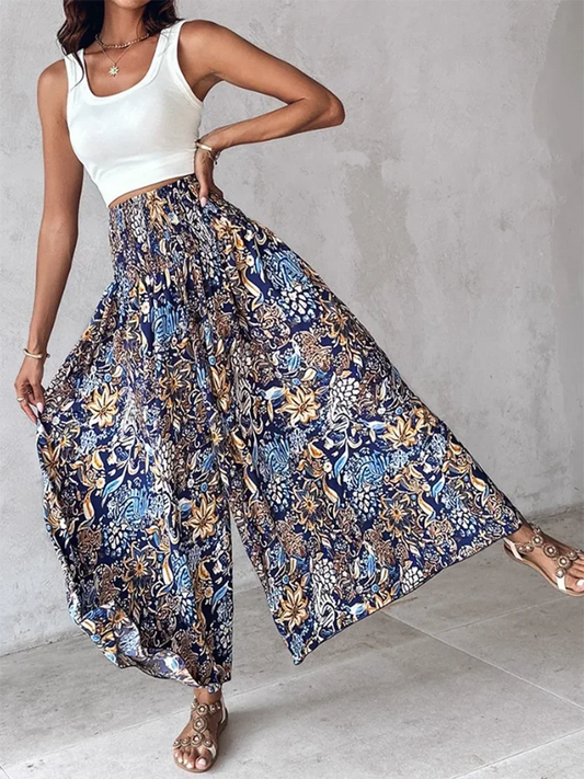 Women's,Cool Countryside Style Printed Wide Leg Pants Wide Elastic Band Waist